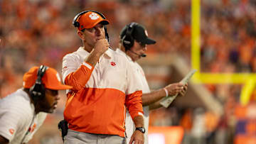  Dabo Swinney (middle), Mike Reed (front) and Tom Allen (back) on the sideline in SMU v Clemson game 
