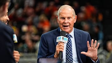 Big Ten Network college basketball analyst and former Michigan basketball coach John Beilein talks during the halftime between Wisconsin and UCLA at Big Ten Tournament quarterfinal at Gainbridge Fieldhouse in Indianapolis, Ind. on Friday, March 14, 2025.