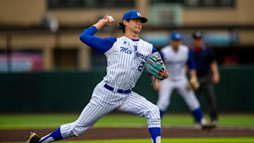 Memorial's Matthew Fisher (2) pitches as the Memorial Tigers play the Silver Creek Dragons in the 2024 IHSAA Baseball semistate at Braun Stadium in Evansville, Ind., Saturday, June 8, 2024.