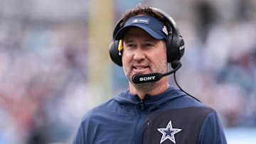 Oct 12, 2025; Charlotte, North Carolina, USA; Dallas Cowboys head coach Brian Schottenheimer looks on from the sideline during the second half against the Carolina Panthers at Bank of America Stadium. Mandatory Credit: Scott Kinser-Imagn Images