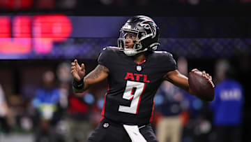 Jan 5, 2025; Atlanta, Georgia, USA; Atlanta Falcons quarterback Michael Penix Jr. (9) throws a pass against the Carolina Panthers in the third quarter at Mercedes-Benz Stadium. Mandatory Credit: Brett Davis-Imagn Images
