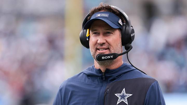 Oct 12, 2025; Charlotte, North Carolina, USA; Dallas Cowboys head coach Brian Schottenheimer looks on from the sideline during the second half against the Carolina Panthers at Bank of America Stadium. Mandatory Credit: Scott Kinser-Imagn Images