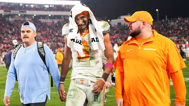 Tennessee quarterback Nico Iamaleava (8) walks off the field after his team's game against Georgia at Sanford Stadium in Athens, Ga., on Saturday, Nov. 16, 2024.