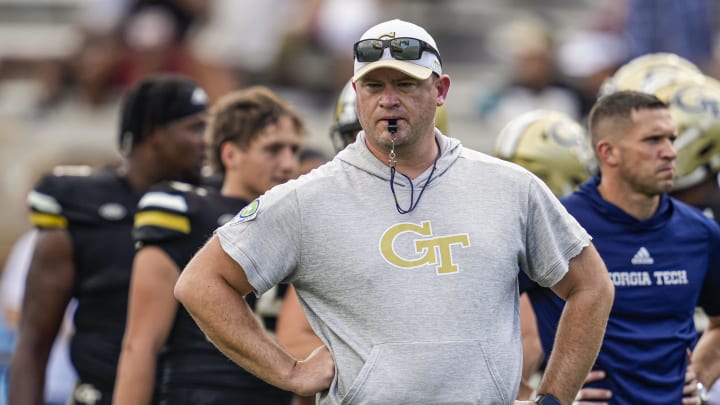 Sep 30, 2023; Atlanta, Georgia, USA; Georgia Tech Yellow Jackets head coach Brent Key shown on the field before the game against the Bowling Green Falcons at Hyundai Field. Mandatory Credit: Dale Zanine-USA TODAY Sports