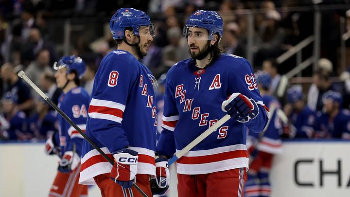 Mar 2, 2026; New York, New York, USA; New York Rangers left wing J.T. Miller (8) talks to center Mika Zibanejad (93) during the third period against the Columbus Blue Jackets at Madison Square Garden. Mandatory Credit: Brad Penner-Imagn Images