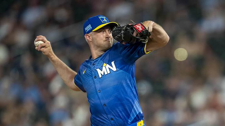 Aug 2, 2024; Minneapolis, Minnesota, USA; Minnesota Twins pitcher Trevor Richards (32) delivers a pitch against the Chicago White Sox in the ninth inning at Target Field. Mandatory Credit: Jesse Johnson-Imagn Images