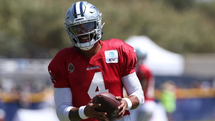 Jul 30, 2024; Oxnard, CA, USA; Dallas Cowboys quarterback Dak Prescott (4) during training camp at the River Ridge Playing Fields in Oxnard, California. 