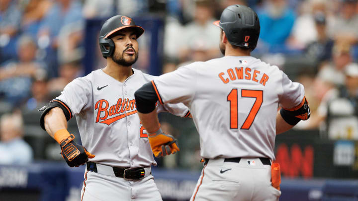 Jun 9, 2024; St. Petersburg, Florida, USA;  Baltimore Orioles outfielder Anthony Santander (25) celebrates with outfielder Colton Cowser (17) after hitting a home run against the Tampa Bay Rays in the fourth inning at Tropicana Field