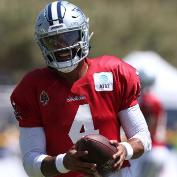 Jul 30, 2024; Oxnard, CA, USA; Dallas Cowboys quarterback Dak Prescott (4) during training camp at the River Ridge Playing Fields in Oxnard, California. 