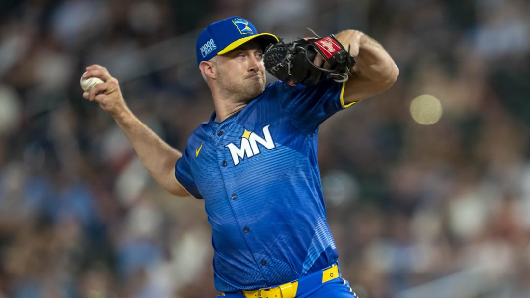 Aug 2, 2024; Minneapolis, Minnesota, USA; Minnesota Twins pitcher Trevor Richards (32) delivers a pitch against the Chicago White Sox in the ninth inning at Target Field.