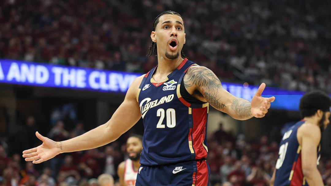 May 23, 2026; Cleveland, Ohio, USA; Cleveland Cavaliers forward Jaylon Tyson (20) reacts in the second quarter against the New York Knicks during game three of the eastern conference finals for the 2026 NBA playoffs at Rocket Arena. Mandatory Credit: Scott Galvin-Imagn Images May 23, 2026; Cleveland, Ohio, USA; Cleveland Cavaliers forward Jaylon Tyson (20) reacts in the second quarter against the New York Knicks during game three of the eastern conference finals for the 2026 NBA playoffs at Rocket Arena. Mandatory Credit: Scott Galvin-Imagn Images