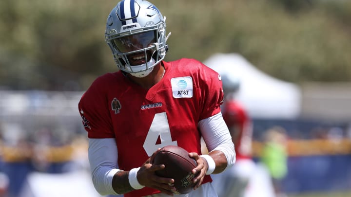 Jul 30, 2024; Oxnard, CA, USA; Dallas Cowboys quarterback Dak Prescott (4) during training camp at the River Ridge Playing Fields in Oxnard, California. 