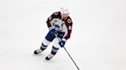 Jun 22, 2022; Tampa, Florida, USA; Colorado Avalanche left wing Gabriel Landeskog (92) against the Tampa Bay Lightning during game four of the 2022 Stanley Cup Final at Amalie Arena. Mandatory Credit: Mark J. Rebilas-Imagn Images