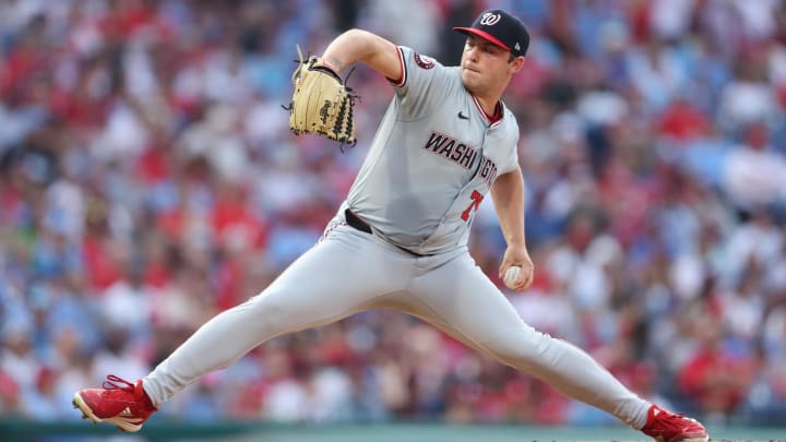 Aug 15, 2024; Philadelphia, Pennsylvania, USA; Washington Nationals pitcher Mitchell Parker (70) throws a pitch during the first inning against the Philadelphia Phillies at Citizens Bank Park.