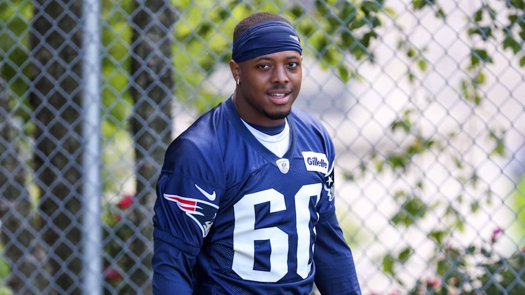 Jun 16, 2021; Foxborough, MA, USA; New England Patriots safety Joshua Bledsoe (60) reacts during the New England Patriots mini camp at the New England Patriots practice complex. Mandatory Credit: Paul Rutherford-Imagn Images