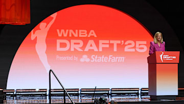 Apr 14, 2025; New York, New York, USA; WNBA commissioner Cathy Engelbert during the 2025 WNBA Draft at The Shed at Hudson Yards. Mandatory Credit: Vincent Carchietta-Imagn Images