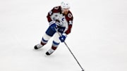 Jun 22, 2022; Tampa, Florida, USA; Colorado Avalanche left wing Gabriel Landeskog (92) against the Tampa Bay Lightning during game four of the 2022 Stanley Cup Final at Amalie Arena. Mandatory Credit: Mark J. Rebilas-Imagn Images