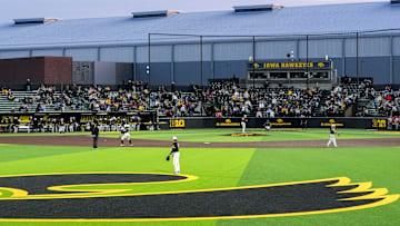 Iowa heads onto the field to play defense against Bradley April 16, 2025 at Duane Banks Field in Iowa City, Iowa.
