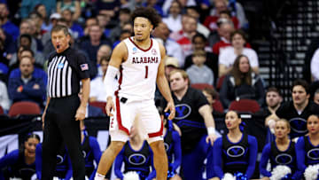 Mar 27, 2025; Newark, NJ, USA; Alabama Crimson Tide guard Mark Sears (1) during the second half against the Brigham Young Cougars during an East Regional semifinal of the 2025 NCAA tournament at Prudential Center. Mandatory Credit: Vincent Carchietta-Imagn Images