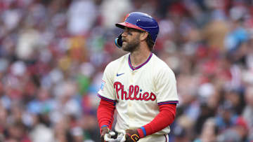 Apr 5, 2025; Philadelphia, Pennsylvania, USA; Philadelphia Phillies first base Bryce Harper (3) at bat against the Los Angeles Dodgers at Citizens Bank Park. Mandatory Credit: Bill Streicher-Imagn Images