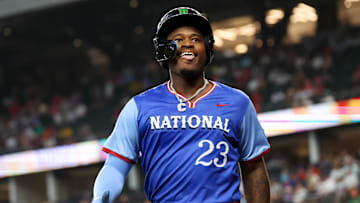 Jul 13, 2024; Arlington, TX, USA;  National League Future infielder Cam Collier (23) reacts after hitting a home run during the third inning against the National League Future team during the Major league All-Star Futures game at Globe Life Field.  Mandatory Credit: Kevin Jairaj-Imagn Images