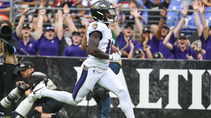 Baltimore Ravens wide receiver Dayton Wade (18) scores a touchdown during the second half against the Atlanta Falcons at M&T Bank Stadium.