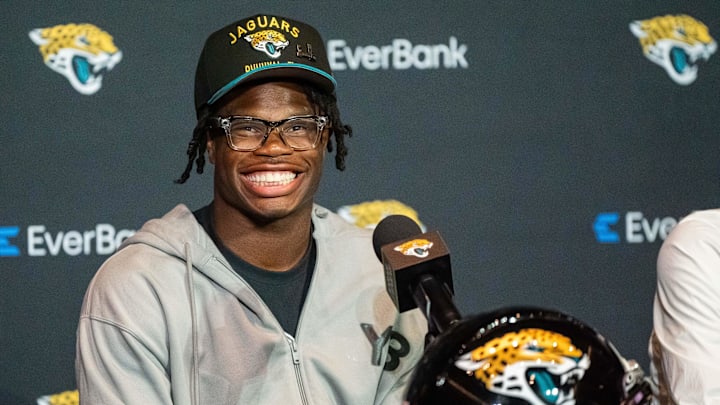 The Jacksonville Jaguars’ first-round pick, Colorado Buffaloes wide receiver and defensive back Travis Hunter, flashes his wide smile during a press conference Friday, March 25, 2025 at Miller Electric Center in Jacksonville, Fla. [Doug Engle/Florida Times-Union]