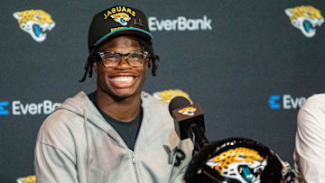 The Jacksonville Jaguars’ first-round pick, Colorado Buffaloes wide receiver and defensive back Travis Hunter, flashes his wide smile during a press conference Friday, March 25, 2025 at Miller Electric Center in Jacksonville, Fla. [Doug Engle/Florida Times-Union]