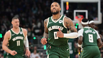 Milwaukee Bucks guard Damian Lillard (0) looks on in the second quarter against the Indiana Pacers during game one of the first round for the 2024 NBA playoffs at Fiserv Forum. 