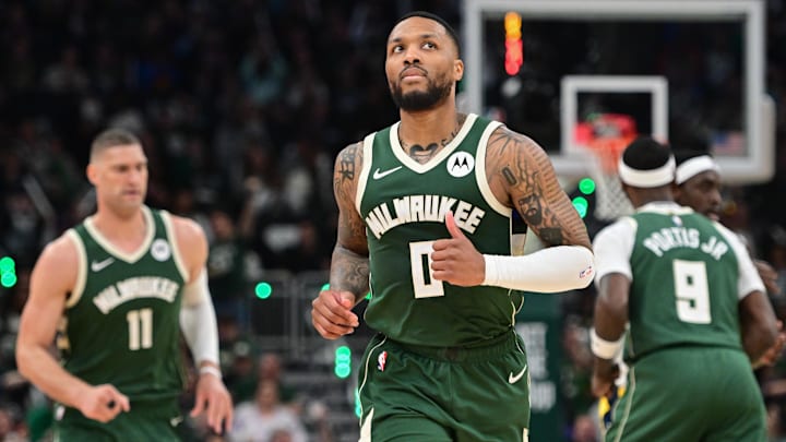 Milwaukee Bucks guard Damian Lillard (0) looks on in the second quarter against the Indiana Pacers during game one of the first round for the 2024 NBA playoffs at Fiserv Forum. 