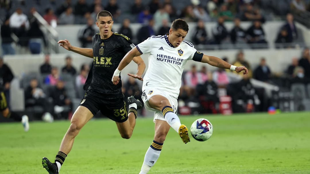 May 23, 2023; Los Angeles, CA, USA; Los Angeles Galaxy forward Javier Hernandez (14) controls the ball during the first half against the Los Angeles FC at BMO Stadium. Mandatory Credit: Kiyoshi Mio-Imagn Images