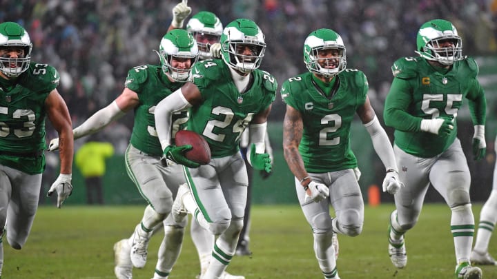 Nov 26, 2023; Philadelphia, Pennsylvania, USA; Philadelphia Eagles cornerback James Bradberry (24) celebrates his interception during the fourth quarter against the Buffalo Bills at Lincoln Financial Field. Mandatory Credit: Eric Hartline-USA TODAY Sports