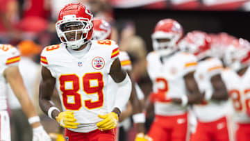 Aug 9, 2025; Glendale, Arizona, USA; Kansas City Chiefs wide receiver Jason Brownlee (89) against the Arizona Cardinals during a preseason NFL game at State Farm Stadium. Mandatory Credit: Mark J. Rebilas-Imagn Images
