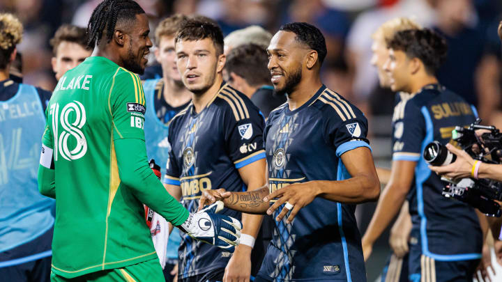 Aug 17, 2024; Chester, Pennsylvania, USA; Philadelphia Union goalkeeper Andre Blake (18) celebrates with midfielder Jose Martinez (8) after victory in a penalty shootout against Mazatlan FC in a Leagues Cup quarterfinal match at Subaru Park. Mandatory Credit: Caean Couto-USA TODAY Sports