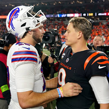 Buffalo Bills quarterback Josh Allen (17) and Cincinnati Bengals quarterback Joe Burrow (9) shake hands at the conclusion of a Week 9 NFL football game between the Buffalo Bills and the Cincinnati Bengals, Monday, Nov. 6, 2023, at Paycor Stadium in Cincinnati.