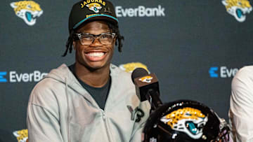 The Jacksonville Jaguars’ first-round pick, Colorado Buffaloes wide receiver and defensive back Travis Hunter, flashes his wide smile during a press conference Friday, March 25, 2025 at Miller Electric Center in Jacksonville, Fla. [Doug Engle/Florida Times-Union]