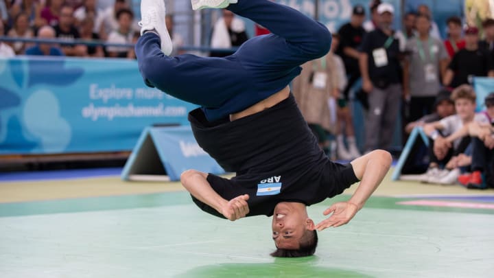 Oct 8, 2018; Buenos Aires, Argentina;  Mariano Carvajal (ARG) (nickname Broly) competes in the Breaking B-Boys Quarterfinal in the Playground at the Parque Mujeres Argentinas, Urban Park. The Youth Olympic Games, Buenos Aires, Argentina. Mandatory Credit: Ian Walton for OIS/IOC Handout Photo via USA TODAY Sports