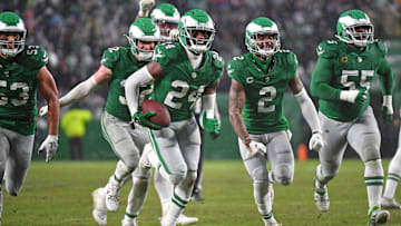 Nov 26, 2023; Philadelphia, Pennsylvania, USA; Philadelphia Eagles cornerback James Bradberry (24) celebrates his interception during the fourth quarter against the Buffalo Bills at Lincoln Financial Field. Mandatory Credit: Eric Hartline-Imagn Images