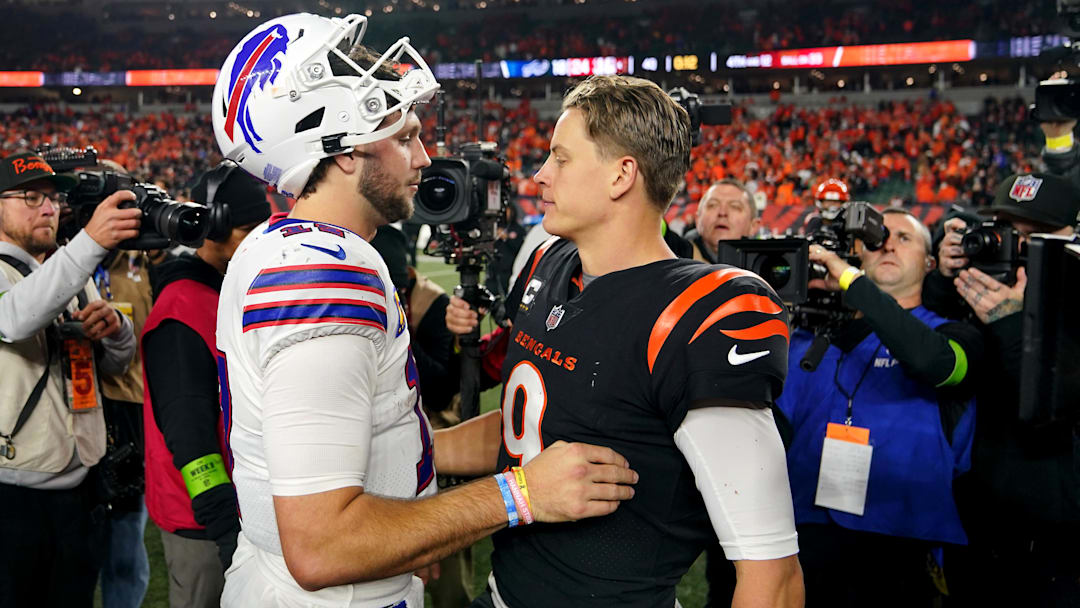 Nov 5, 2023; Cincinnati, Ohio, USA; Buffalo Bills quarterback Josh Allen (17) and Cincinnati Bengals quarterback Joe Burrow (9) shake hands at the conclusion of their game at Paycor Stadium. Mandatory Credit: Kareem Elgazzar-Imagn Images