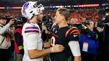 Nov 5, 2023; Cincinnati, Ohio, USA; Buffalo Bills quarterback Josh Allen (17) and Cincinnati Bengals quarterback Joe Burrow (9) shake hands at the conclusion of their game at Paycor Stadium. Mandatory Credit: Kareem Elgazzar-Imagn Images