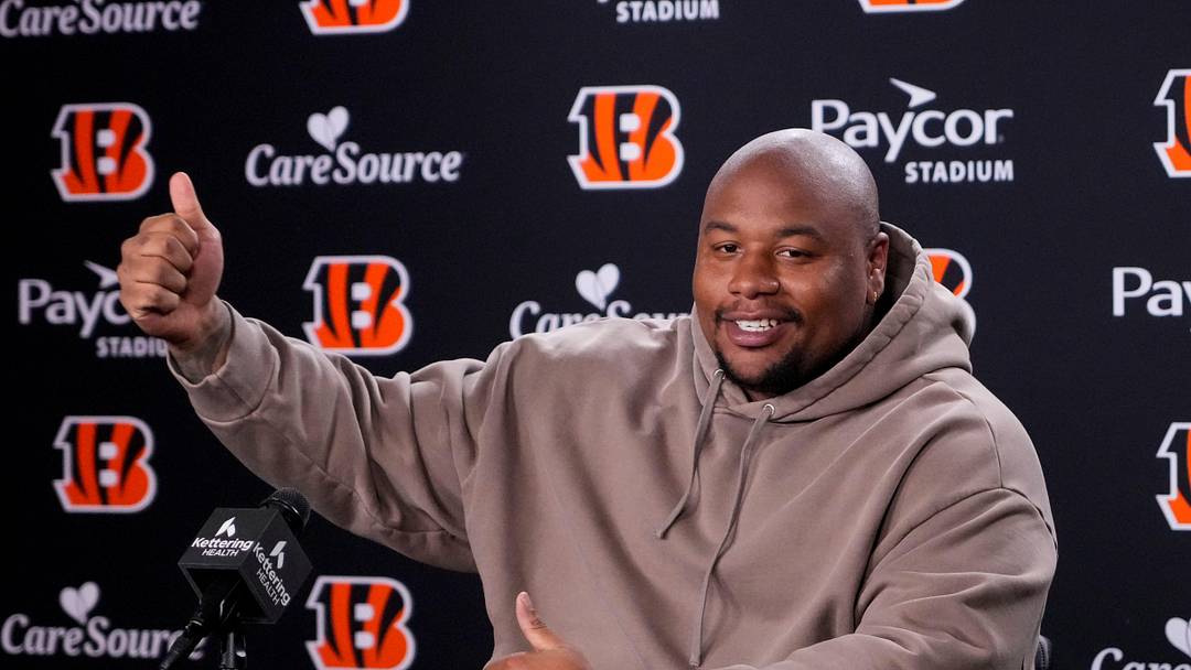 Newly signed Cincinnati Bengals defense tackle Dexter Lawrence speaks in a press conference for the first time since joining the team at Paycor Stadium in Cincinnati on Monday, April 20, 2026.