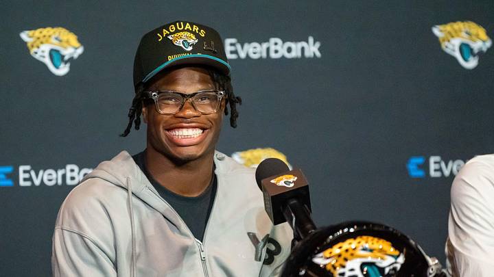 The Jacksonville Jaguars’ first-round pick, Colorado Buffaloes wide receiver and defensive back Travis Hunter, flashes his wide smile during a press conference Friday, March 25, 2025 at Miller Electric Center in Jacksonville, Fla. [Doug Engle/Florida Times-Union]