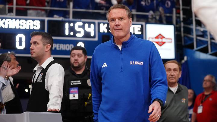 Kansas Jayhawks head coach Bill Self enters the court before the Sunflower Showdown game inside Allen Fieldhouse in Lawrence, Kansas, on Saturday, March 7, 2026.