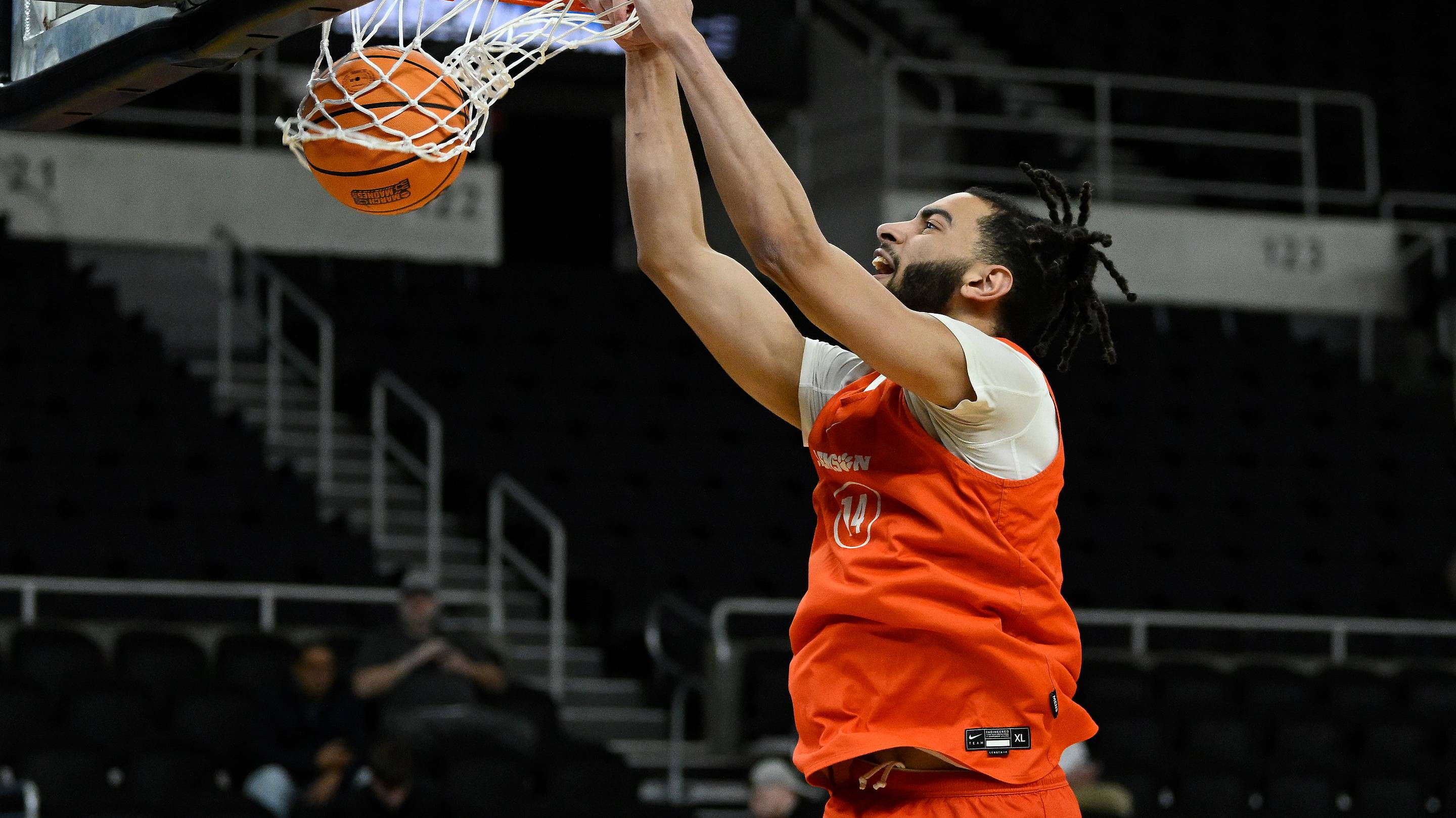Mar 19, 2025; Providence, RI, USA; Clemson Tigers center Christian Reeves (14) practices at Amica Mutual Pavilion. Mandatory Credit: Eric Canha-Imagn Images | IMAGN IMAGES via Reuters Connect