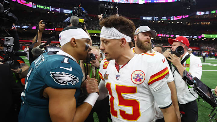 Philadelphia Eagles quarterback Jalen Hurts meets with Kansas City Chiefs quarterback Patrick Mahomes at Super Bowl LIX