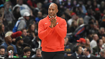 Nov 1, 2024; Portland, Oregon, USA; Portland Trail Blazers head coach Chauncey Billups reacts after a foul call during the second quarter at Moda Center. Mandatory Credit: Brian Murphy-Imagn Images
