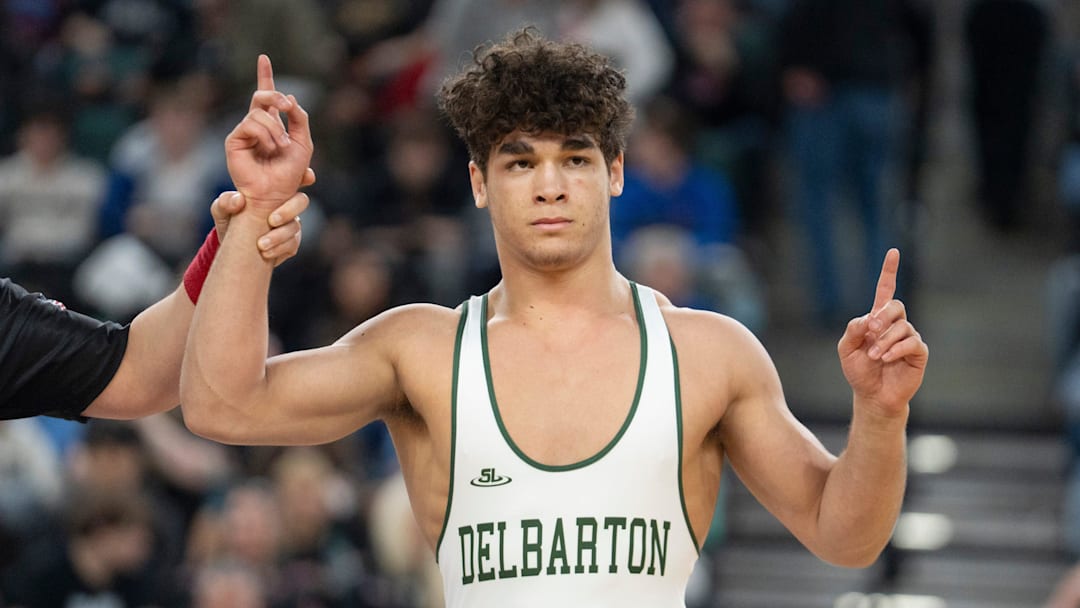 Delbarton's Jayden James celebrates after defeating St. John Vianney's Ryan Gavrish in a 165-pound championship match of the NJSIAA Boys Wrestling State Championships at the Jim Whelan Boardwalk Hall in Atlantic City.