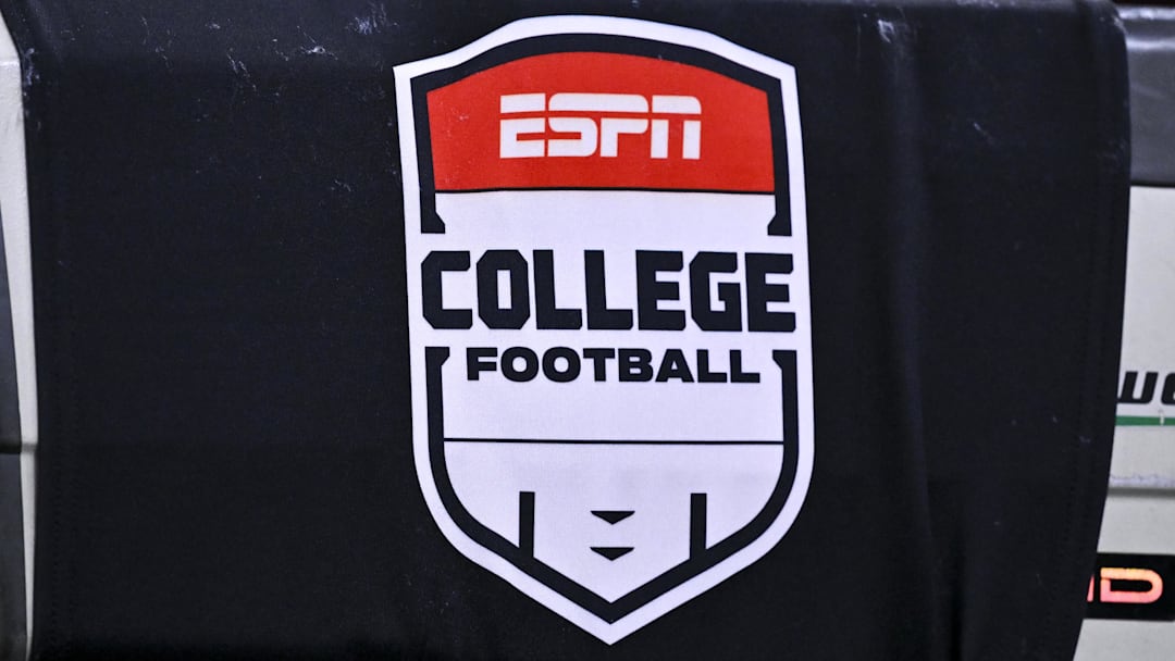 Dec 27, 2025; Houston, TX, USA; A detail view of ESPN College Football logo on a TV camera prior to the game between the Houston Cougars and the Louisiana State Tigers at NRG Stadium. Mandatory Credit: Maria Lysaker-Imagn Images