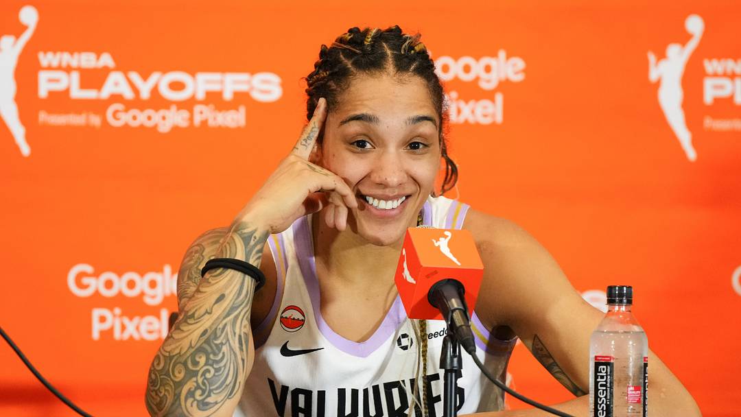 Oct 9, 2026; Las Vegas, Nevada, USA; Golden State Valkyries forward Gabby Williams (1) speaks at a news conference after defeating the Las Vegas Aces in game three of the second round for the 2026 WNBA Playoffs at Michelob Ultra Arena. Mandatory Credit: Candice Ward-Imagn Images Oct 9, 2026; Las Vegas, Nevada, USA; Golden State Valkyries forward Gabby Williams (1) speaks at a news conference after defeating the Las Vegas Aces in game three of the second round for the 2026 WNBA Playoffs at Michelob Ultra Arena. Mandatory Credit: Candice Ward-Imagn Images