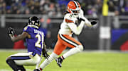 Jan 4, 2025; Baltimore, Maryland, USA; Cleveland Browns wide receiver Jerry Jeudy (3) runs with the ball during the fourth quarter as Baltimore Ravens cornerback Brandon Stephens (21) attempts a block at M&T Bank Stadium. Mandatory Credit: Tommy Gilligan-Imagn Images
